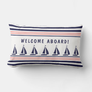 Navy and White Striped Nautical Welcome Aboard Lumbar Cushion