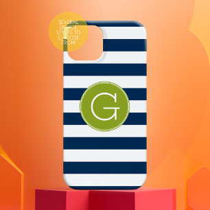 Navy and White Striped Pattern Green Monogram Case-Mate iPhone 14 Case