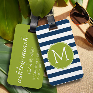 Navy and White Striped Pattern Green Monogram Luggage Tag