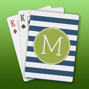 Navy and White Striped Pattern Green Monogram Playing Cards