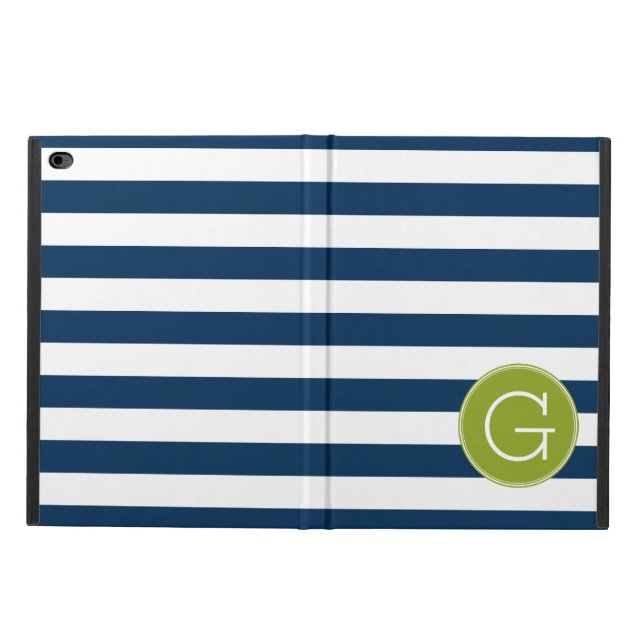 Navy and White Striped Pattern Green Monogram Powis iPad Air 2 Case (Outside)