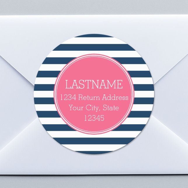 Navy and White Striped Pattern Hot Pink Monogram Classic Round Sticker (Custom Return Address Sticker)