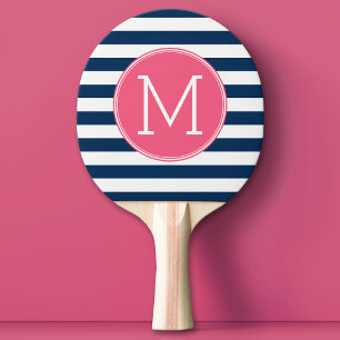 Navy and White Striped Pattern Hot Pink Monogram Ping Pong Paddle