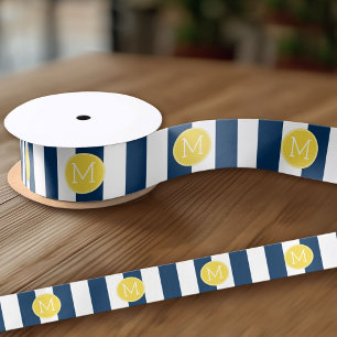 Navy and White Striped Pattern Yellow Monogram Satin Ribbon