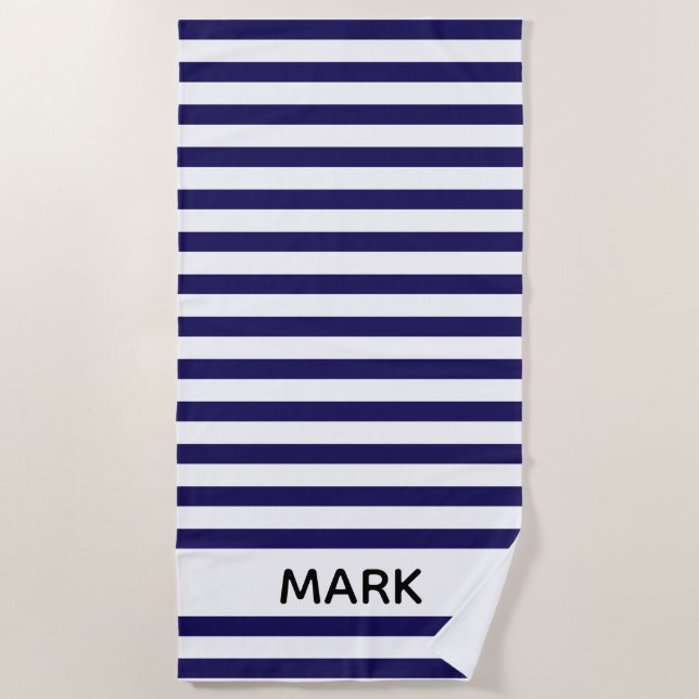 Navy And White Striped Personalised Beach Towel (Front)