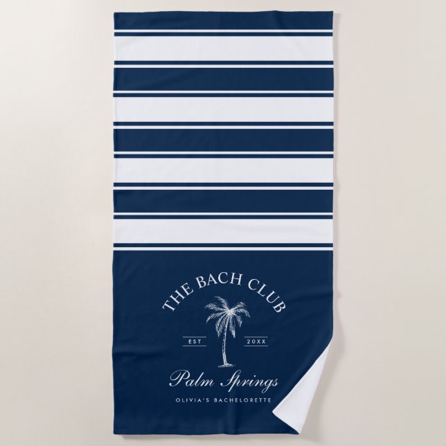 Navy and White Stripes Bachelorette Party Beach Towel (Front)
