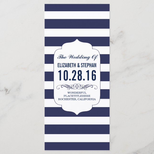 Navy and white stripes chic wedding programs programme (Front)
