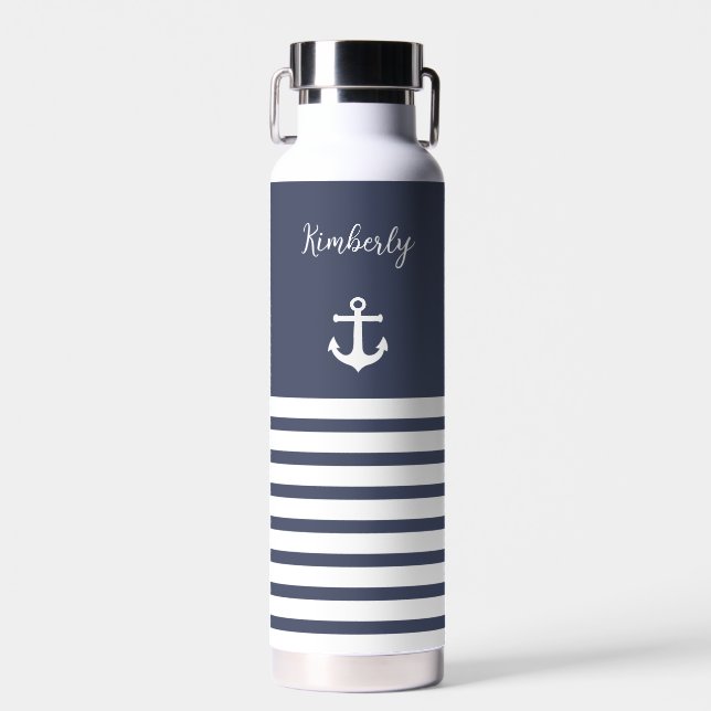 Navy and White Stripes Nautical Personalised   Water Bottle (Front)