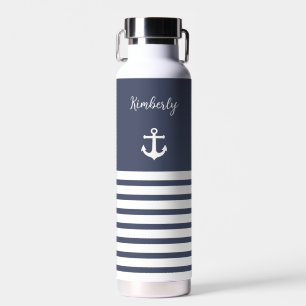Navy and White Stripes Nautical Personalized   Water Bottle
