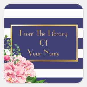 Navy And White Stripes Pink Roses Bookplate Square Sticker