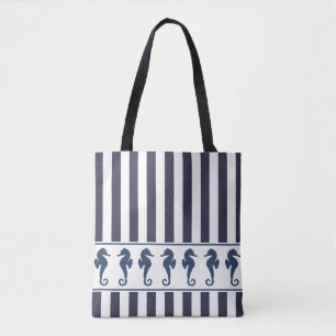 Navy and White Stripes Seahorse Nautical Tote Bag