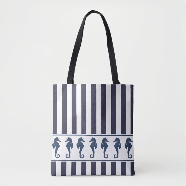 Navy and White Stripes Seahorse Nautical Tote Bag (Front)