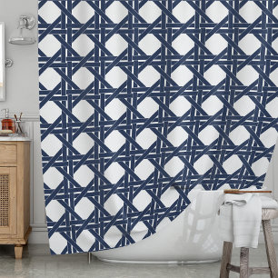 Navy and White Summer Rattan Basketweave Pattern Shower Curtain