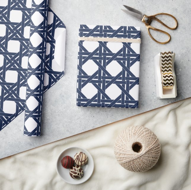 Navy and White Summer Rattan Basketweave Pattern Wrapping Paper (Crafts)