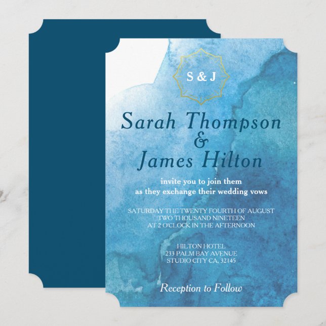 Navy and White Watercolor Beach Wedding Invitation (Front/Back)