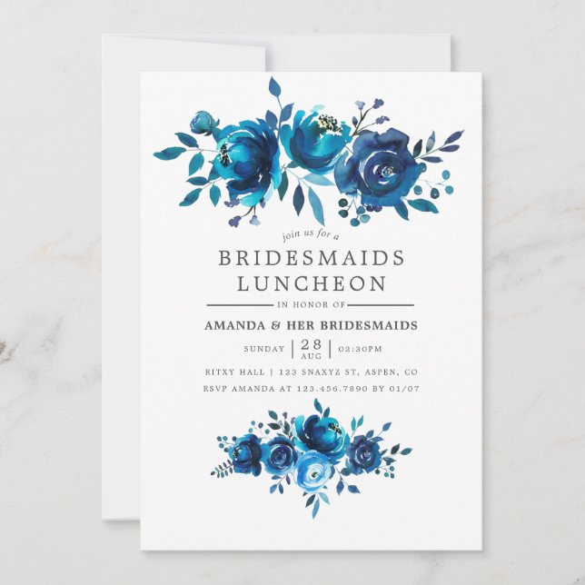 Navy and White Watercolor Bridesmaids Luncheon Invitation (Front)