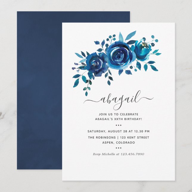 Navy and White Watercolor Floral Birthday Invitation (Front/Back)