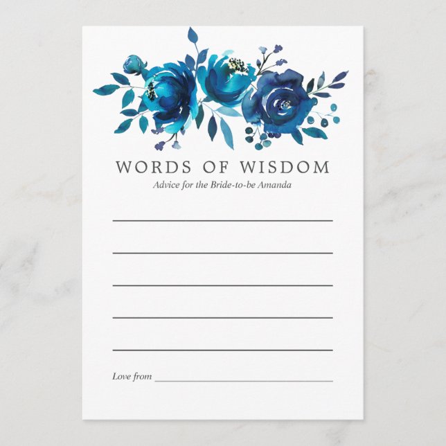 Navy and White Watercolor Floral Bridal Advice Card (Front)