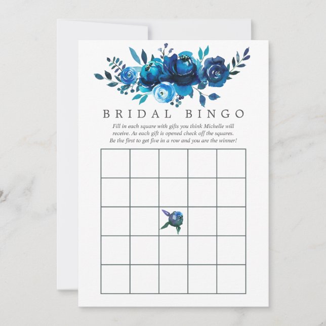 Navy and White Watercolor Floral Bridal Bingo (Front)
