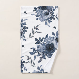 Navy and White Watercolor Floral Hand Towel