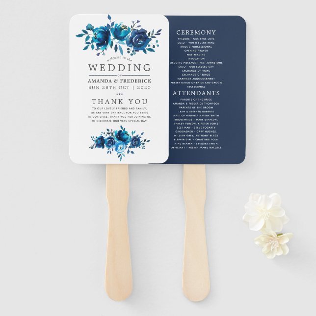 Navy and White Watercolor Floral Program Hand Fan (Front and Back)