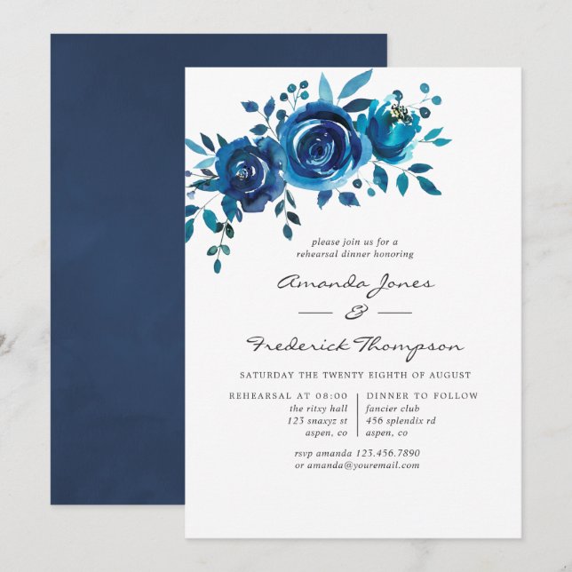 Navy and White Watercolor Floral Rehearsal Dinner Invitation (Front/Back)