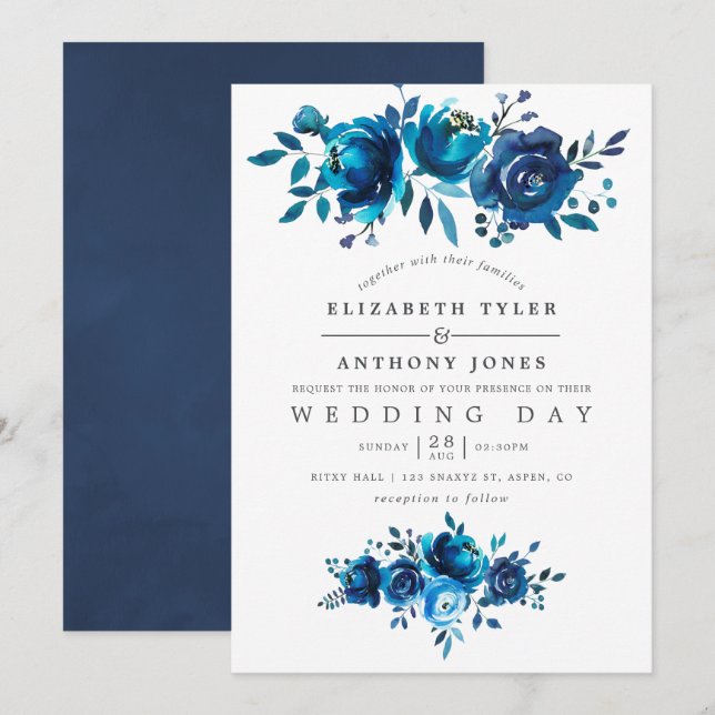 Navy and White Watercolor Floral Wedding Invitation (Front/Back)