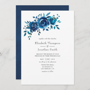 Navy and White Watercolor Floral Wedding Invitation
