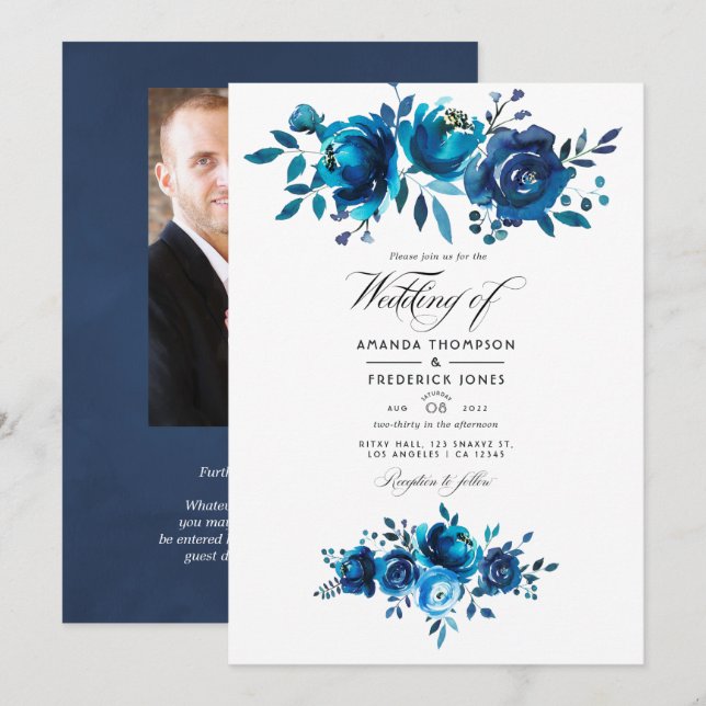 Navy and White Watercolor Floral Wedding Invitation (Front/Back)