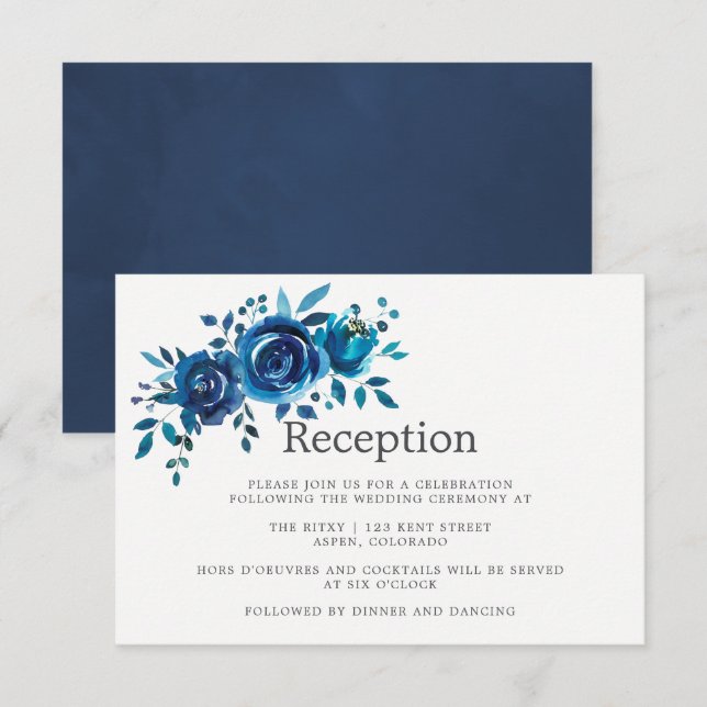 Navy and White Watercolor Floral Wedding Reception Invitation (Front/Back)
