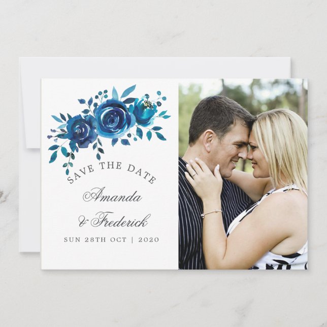 Navy and White Watercolor Wedding Save the Date (Front)