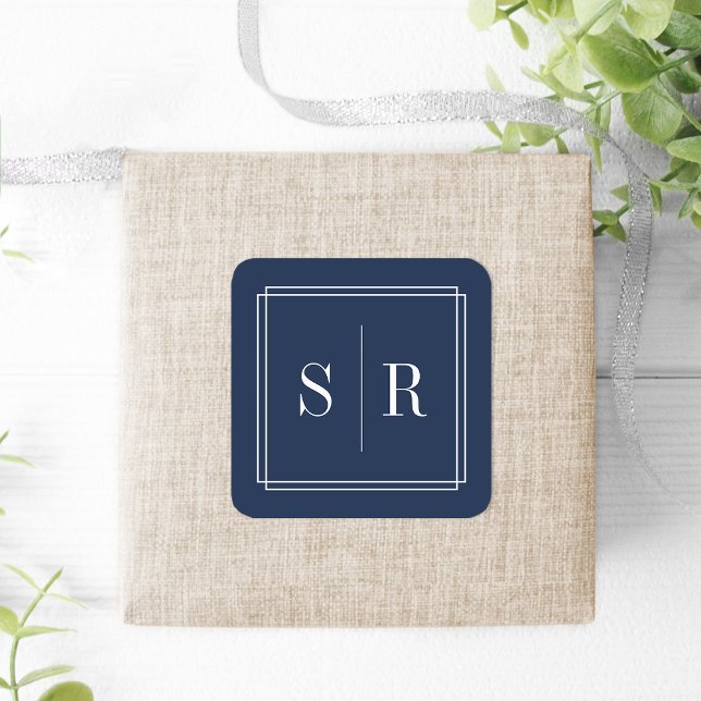 Navy and White Wedding Monogram Square Sticker (Creator Uploaded)