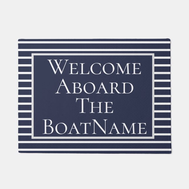Navy and White Welcome Aboard Boat Doormat (Front)