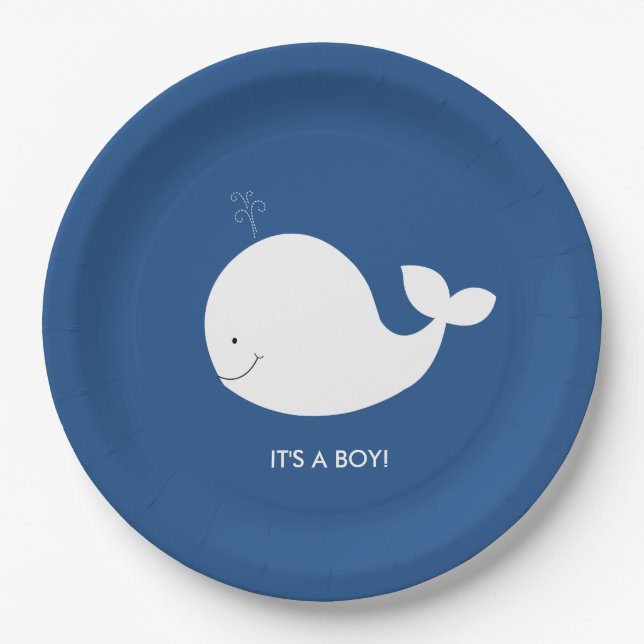 Navy and White Whale Baby Shower Paper Plate (Front)