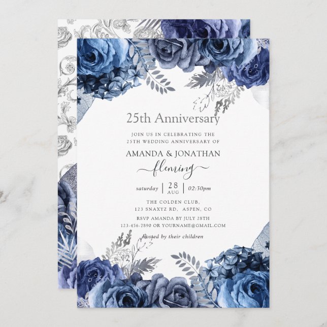 Navy and White with Silver Foil 25th Anniversary I Invitation (Front/Back)