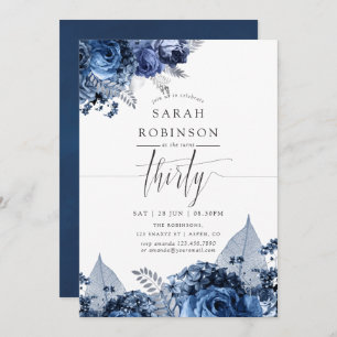 Navy and White with Silver Foil 30th Birthday Invitation