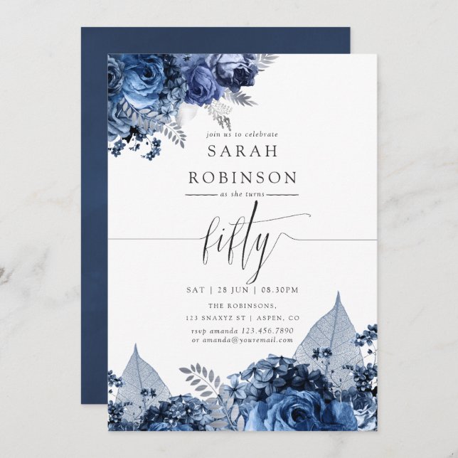 Navy and White with Silver Foil 50th Birthday Invitation (Front/Back)