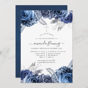 Navy and White with Silver Foil Floral Baptism Invitation