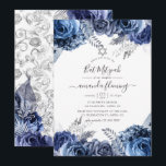 Navy and White with Silver Foil Floral Bat Mitzvah Invitation<br><div class="desc">Navy and white flowers bat mitzvah invitation with silver faux foil and elegant handwriting typography.</div>