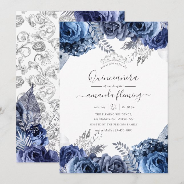Navy and White with Silver Foil Floral Quinceañera Invitation (Front/Back)
