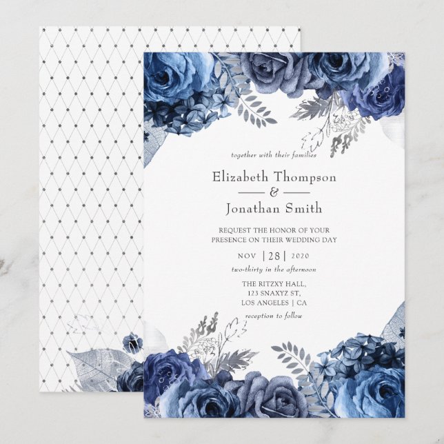 Navy and White with Silver Foil Floral Wedding Invitation (Front/Back)