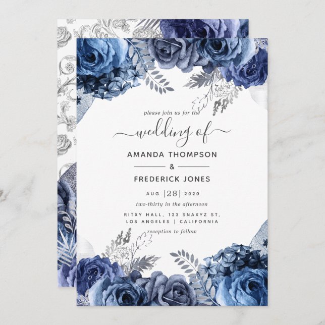 Navy and White with Silver Foil Floral Wedding Invitation (Front/Back)