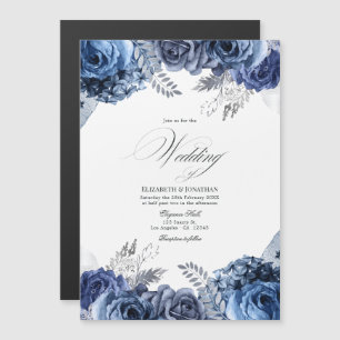 Navy and White with Silver Foil Floral Wedding Magnetic Invitation