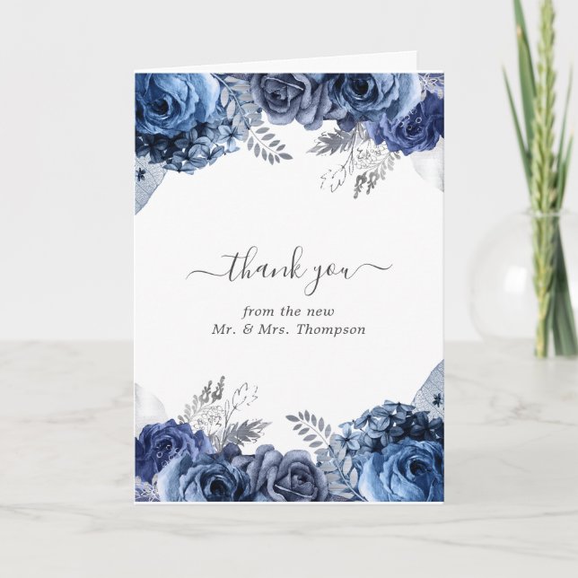 Navy and White with Silver Foil Floral Wedding Thank You Card (Front)