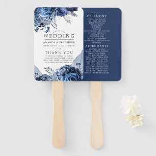 Navy and White with Silver Foil Wedding Program Hand Fan