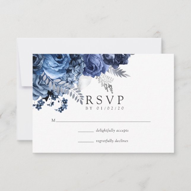Navy and White with Silver Foil Wedding RSVP Card (Front)