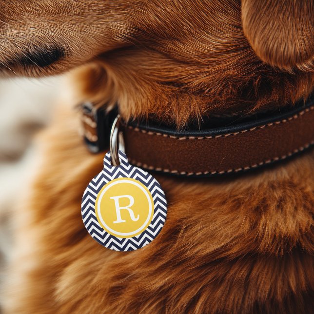 Navy and Yellow Chevron Monogram Pet Tag (Creator Uploaded)