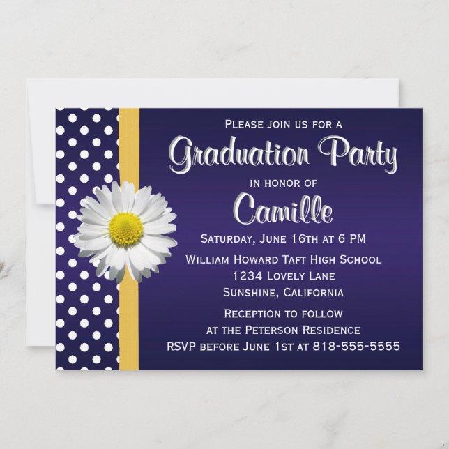 Navy and Yellow Daisy Graduation Party Invitation (Front)