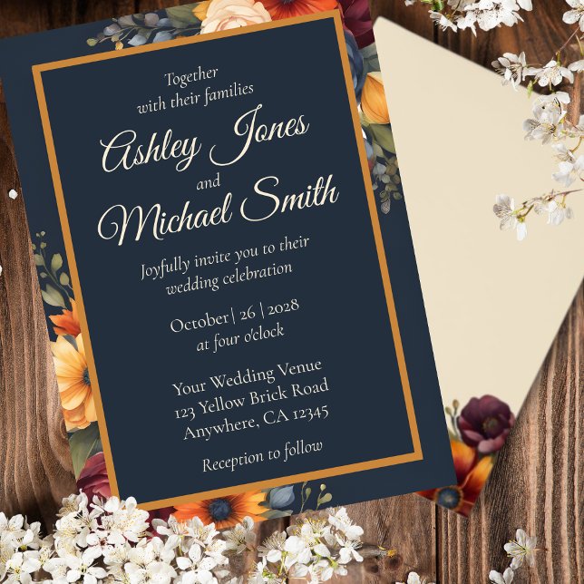 Navy and Yellow Fall Wildflower Wedding Invitation (Creator Uploaded)