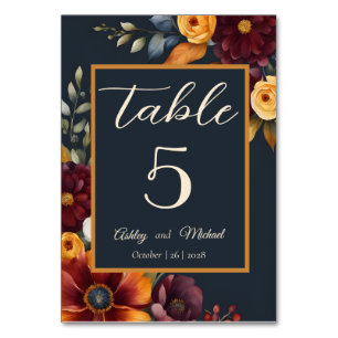 Navy and Yellow Fall Wildflower Wedding Table Number